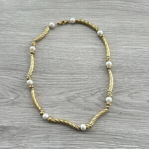 Vintage Jewelry Gold Tone Tubes Glass Pearls Necklace Elegant Classy Curved